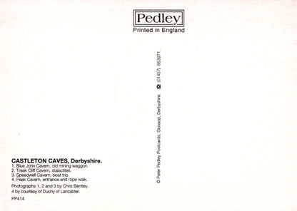Back cover of a book or magazine with 'Pedley' branding and text about Castleton Caves, Derbyshire.