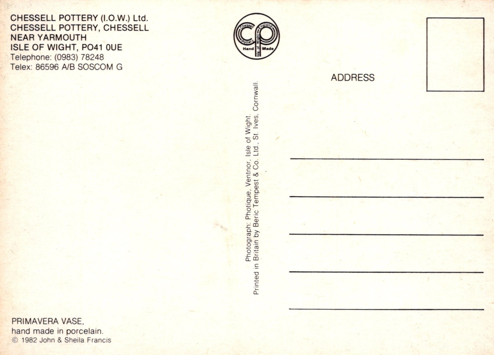 Back of a postcard from Chessell Pottery with contact information and product description.