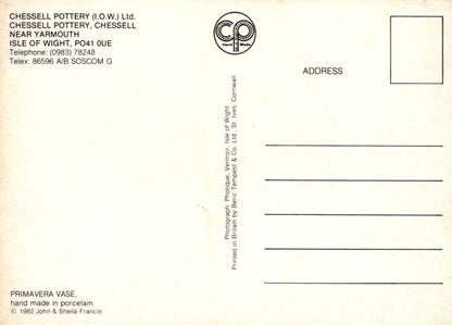 Back of a postcard from Chessell Pottery with contact information and product description.