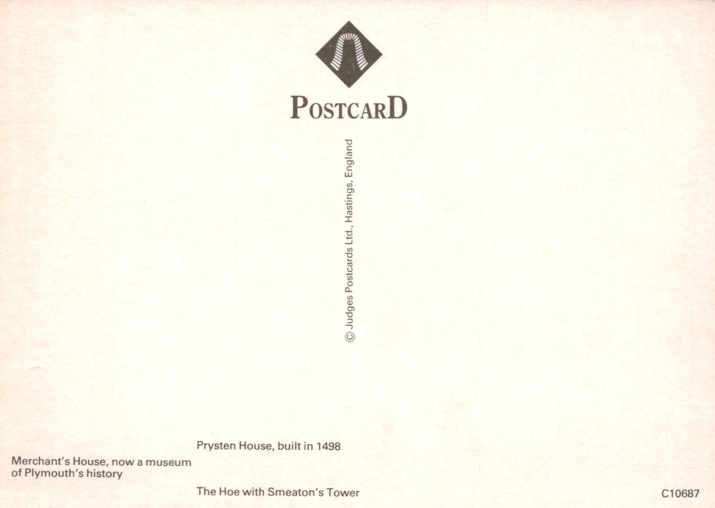 Postcard with text about Prysten House and Smeaton's Tower on a light background