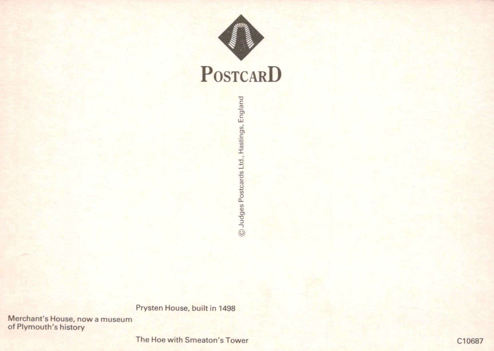 Postcard with text about Prysten House and Smeaton's Tower on a light background