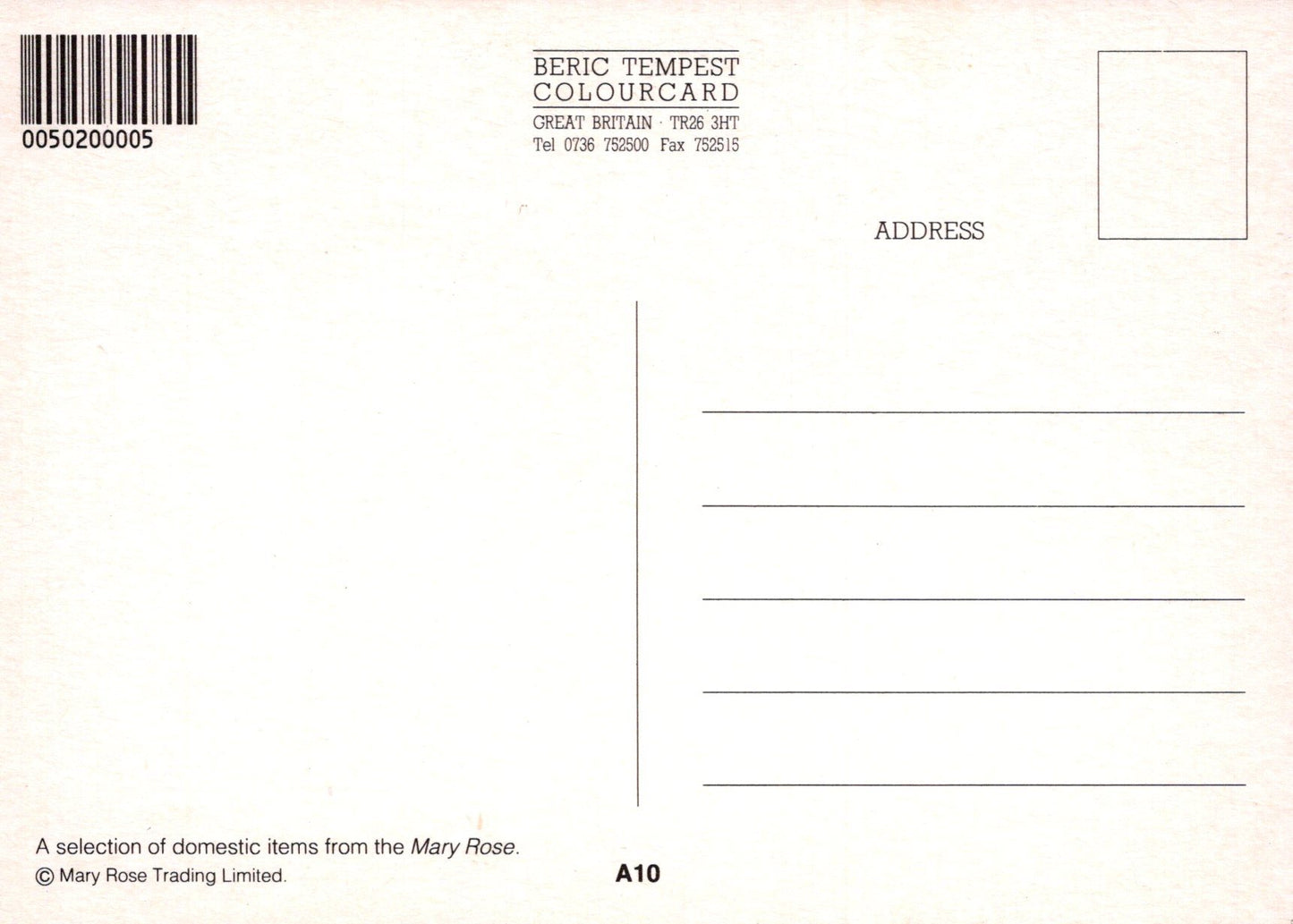 Back of a postcard with text and barcode, featuring 'Beric Tempest Colourcard' and 'Mary Rose Tracing Limited'.