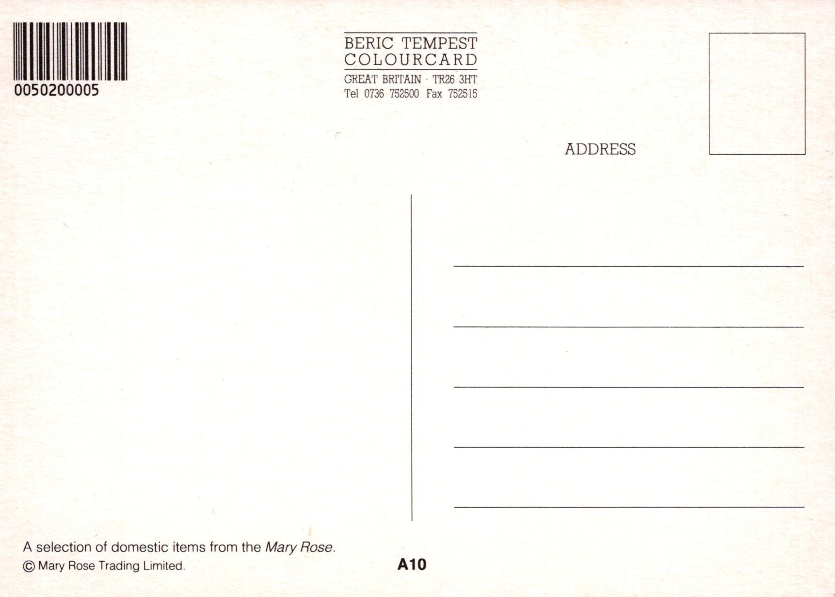 Back of a postcard with text and barcode, featuring 'Beric Tempest Colourcard' and 'Mary Rose Tracing Limited'.