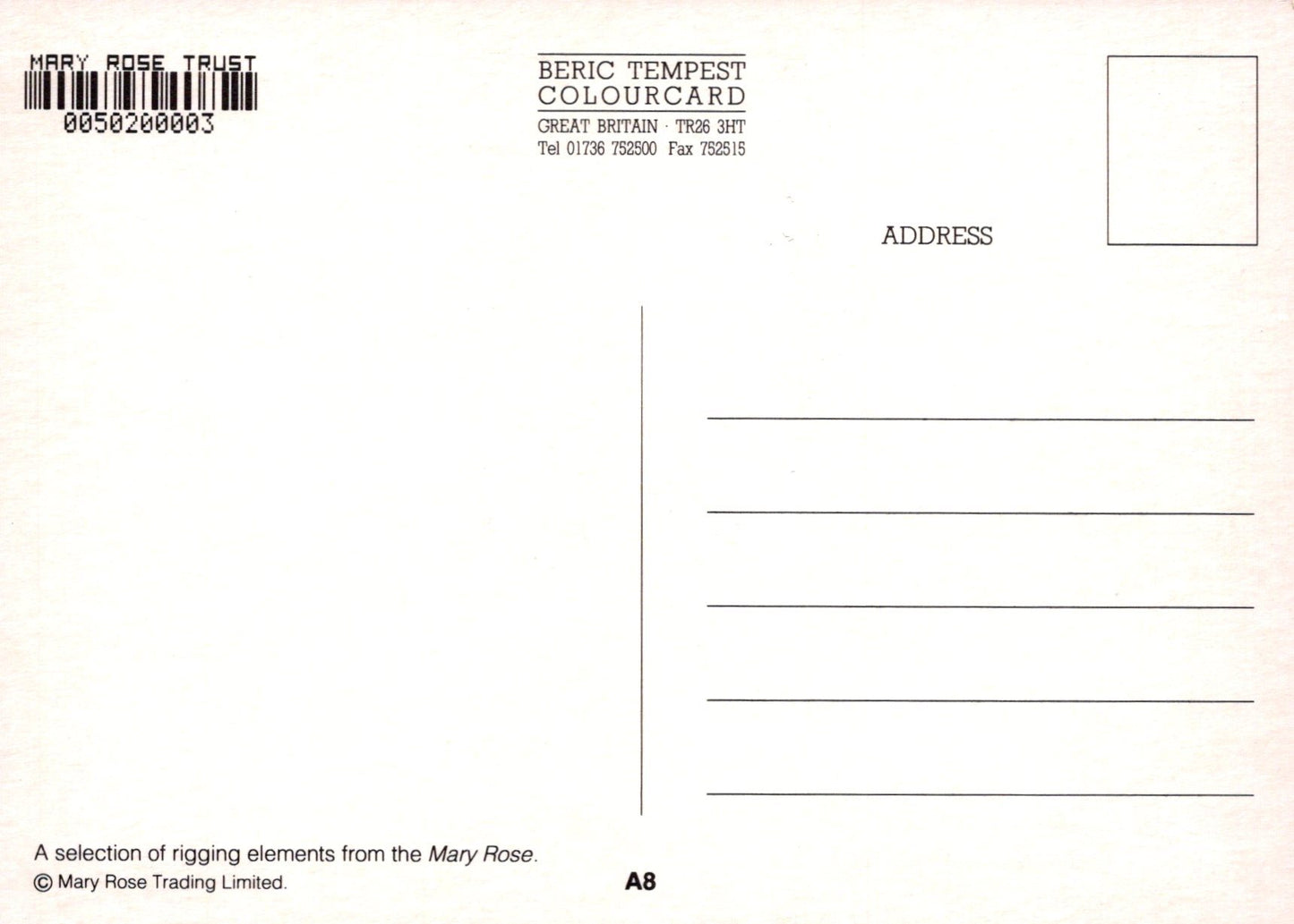 Back of a postcard with text and address lines on a beige background