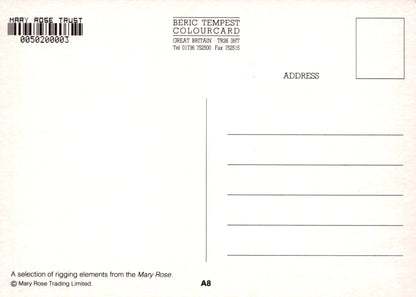 Back of a postcard with text and address lines on a beige background