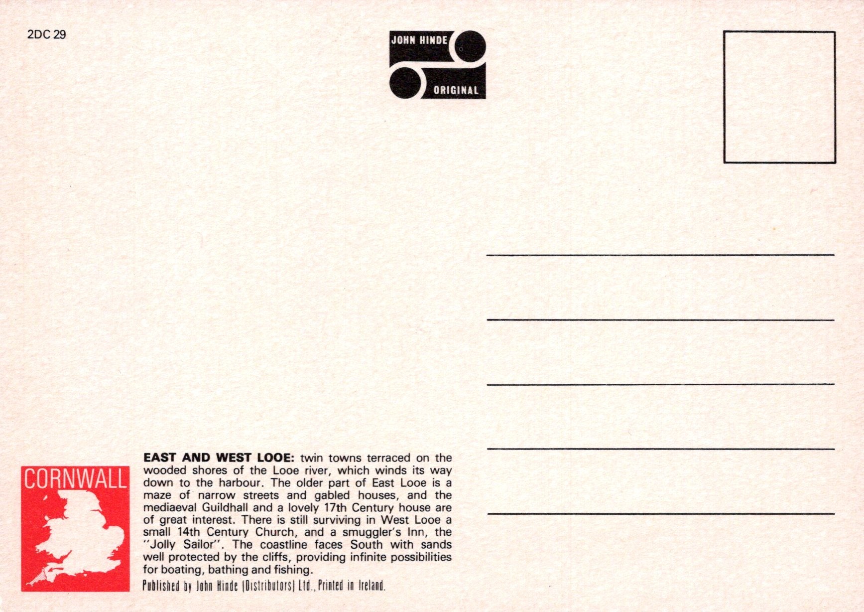 Back of a postcard with text and a map of Cornwall, featuring the John Hinde logo.