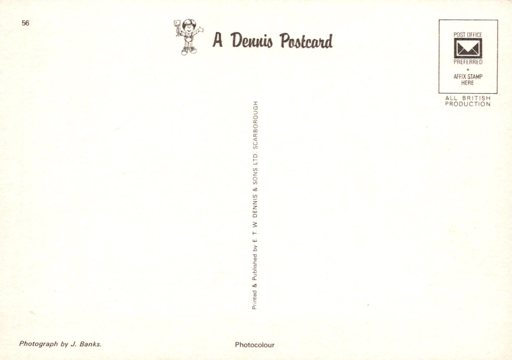 Back of a Dennis the Menace postcard with branding and text.