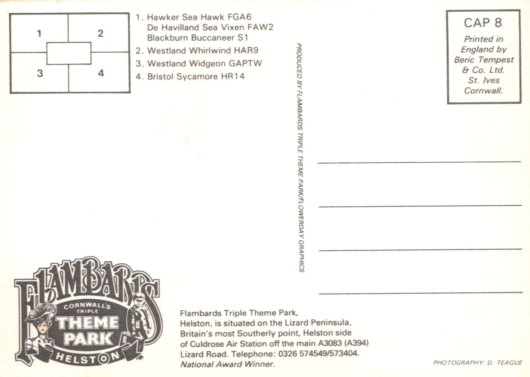 Back of a postcard with Flambards Theme Park Helston branding and contact information.