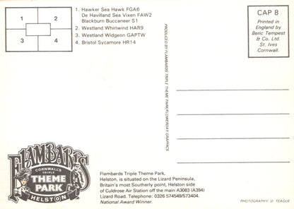 Back of a postcard with Flambards Theme Park Helston branding and contact information.