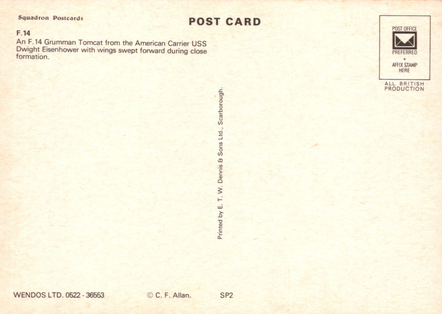 Back of a postcard with text about an F-14 Tomcat aircraft and production details.
