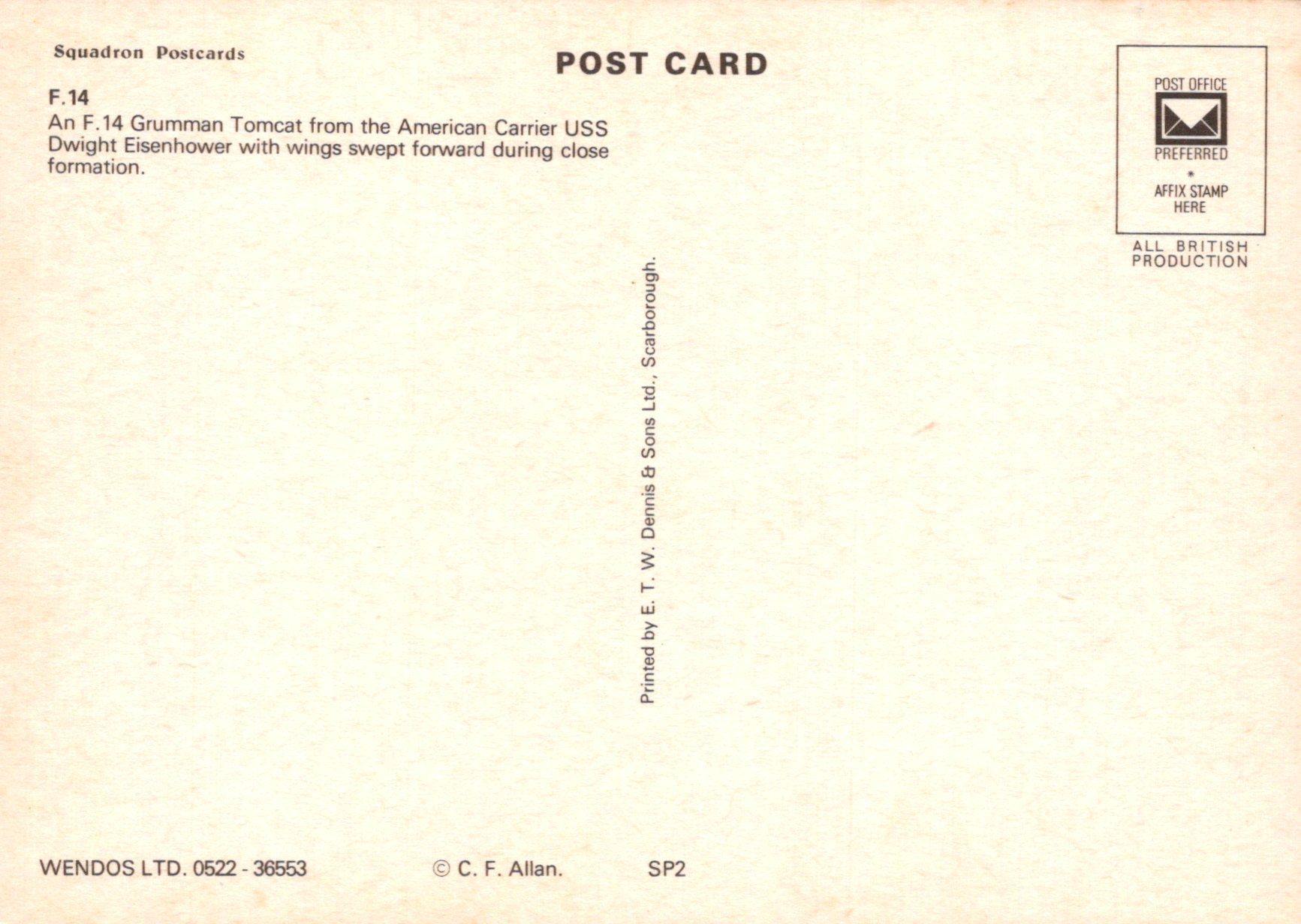 Back of a postcard with text about an F-14 Tomcat aircraft and production details.