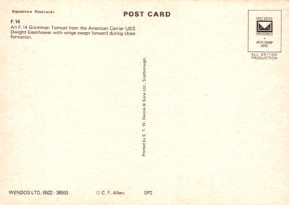 Back of a postcard with text about an F-14 Tomcat aircraft and production details.