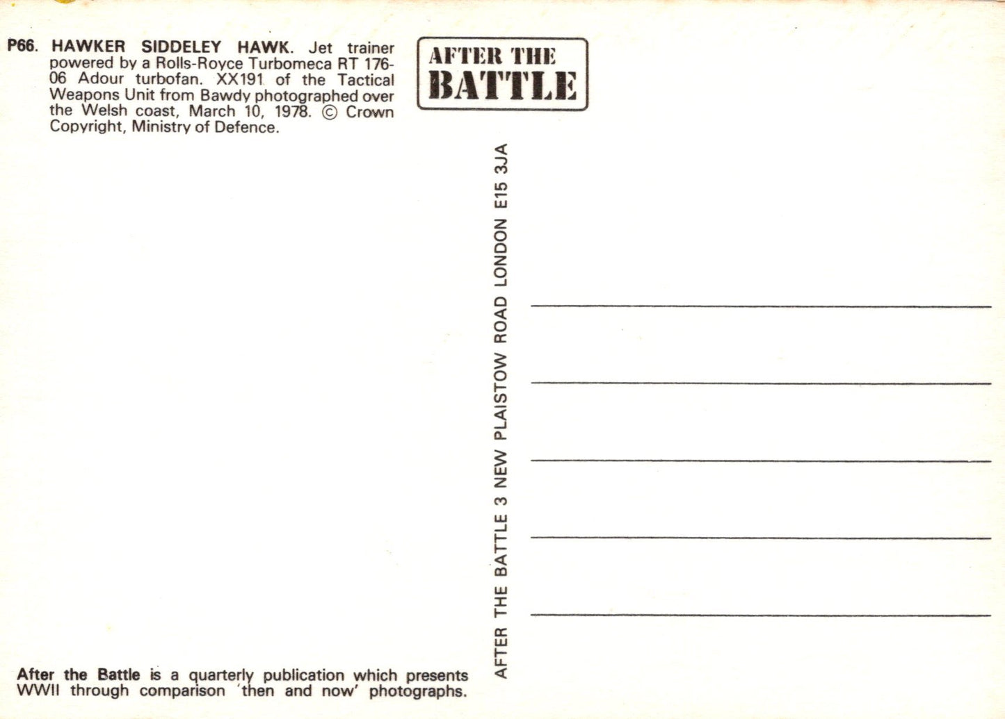 Back of a postcard with text about a Hawker Siddeley Hawk jet trainer and 'After the Battle' magazine.