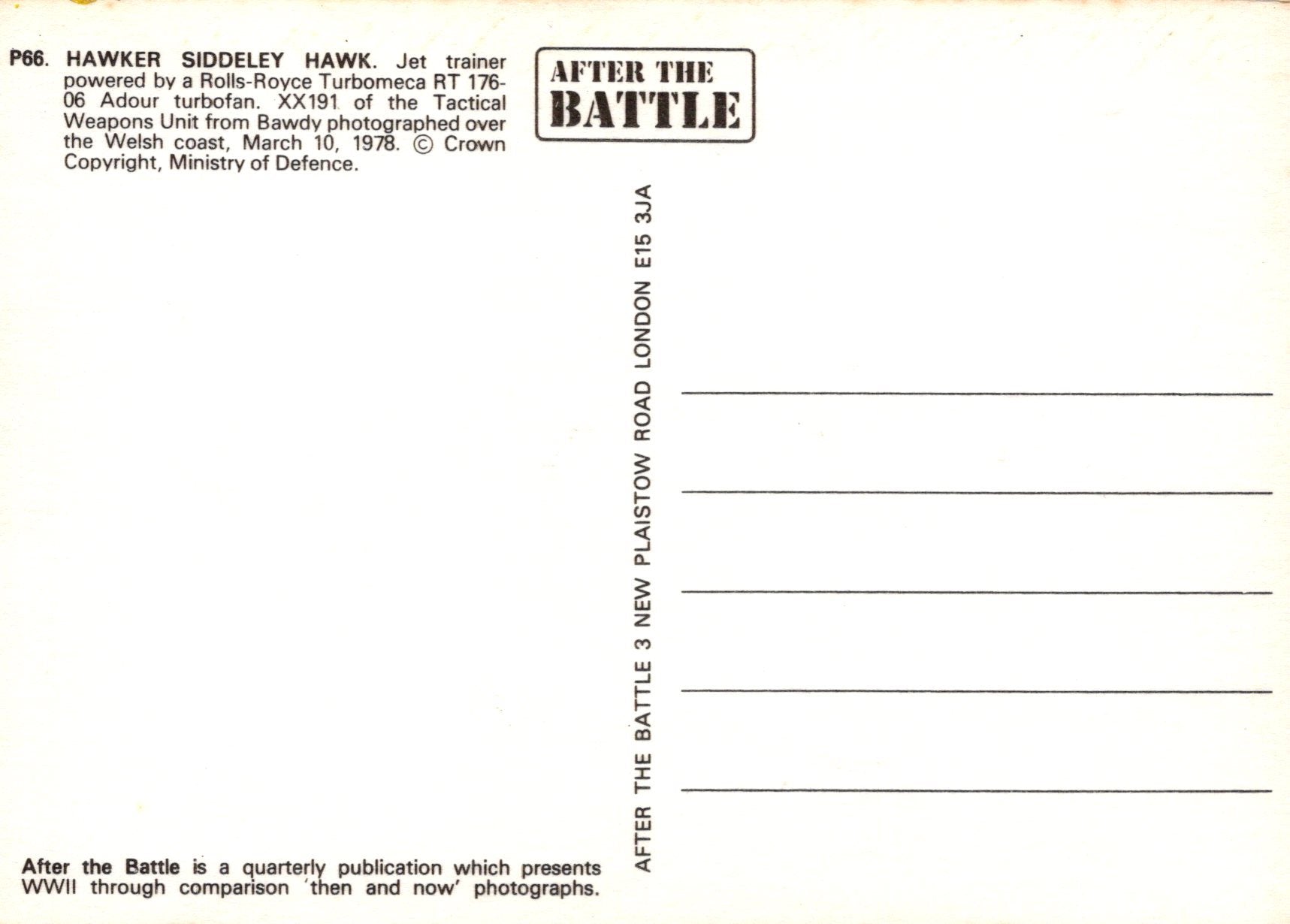 Back of a postcard with text about a Hawker Siddeley Hawk jet trainer and 'After the Battle' magazine.
