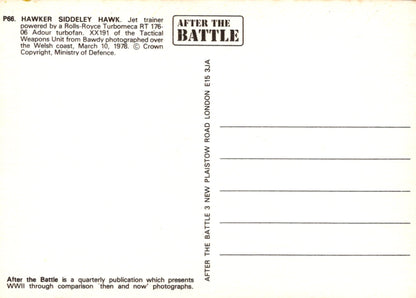 Back of a postcard with text about a Hawker Siddeley Hawk jet trainer and 'After the Battle' magazine.