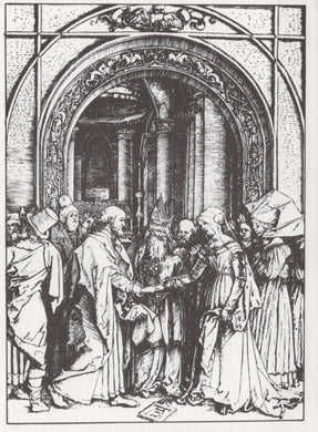 Black and white illustration of a historical scene with people in a grand hall.
