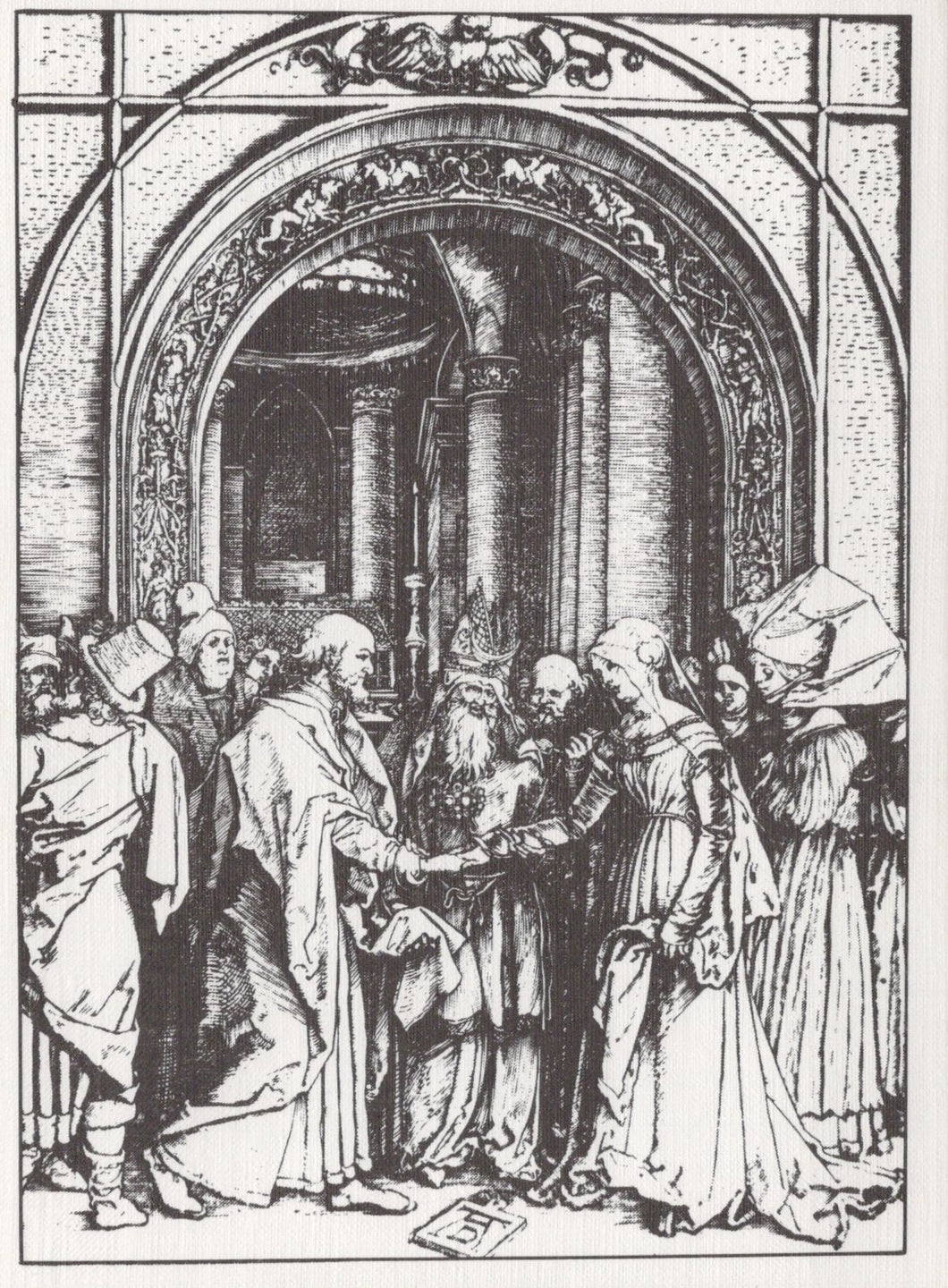 Black and white illustration of a historical scene with people in a grand hall.
