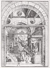 Load image into Gallery viewer, Black and white line drawing of an architectural scene with figures and decorative elements.
