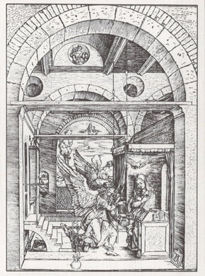 Black and white line drawing of an architectural scene with figures and decorative elements.