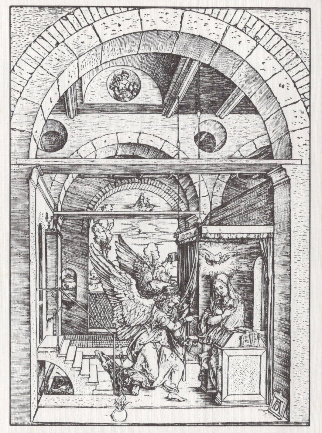 Black and white line drawing of an architectural scene with figures and decorative elements.