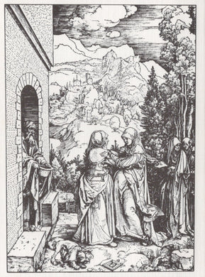 Black and white illustration of a scene with figures and landscape