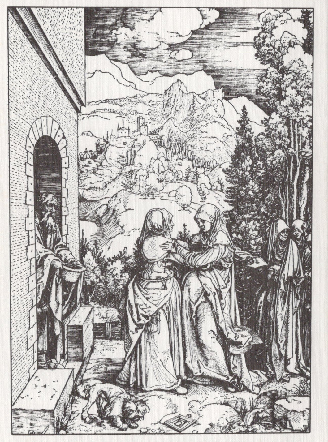 Black and white illustration of a scene with figures and landscape