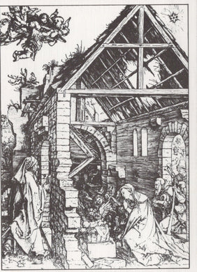 Black and white illustration of a rustic building with people and a tree branch.