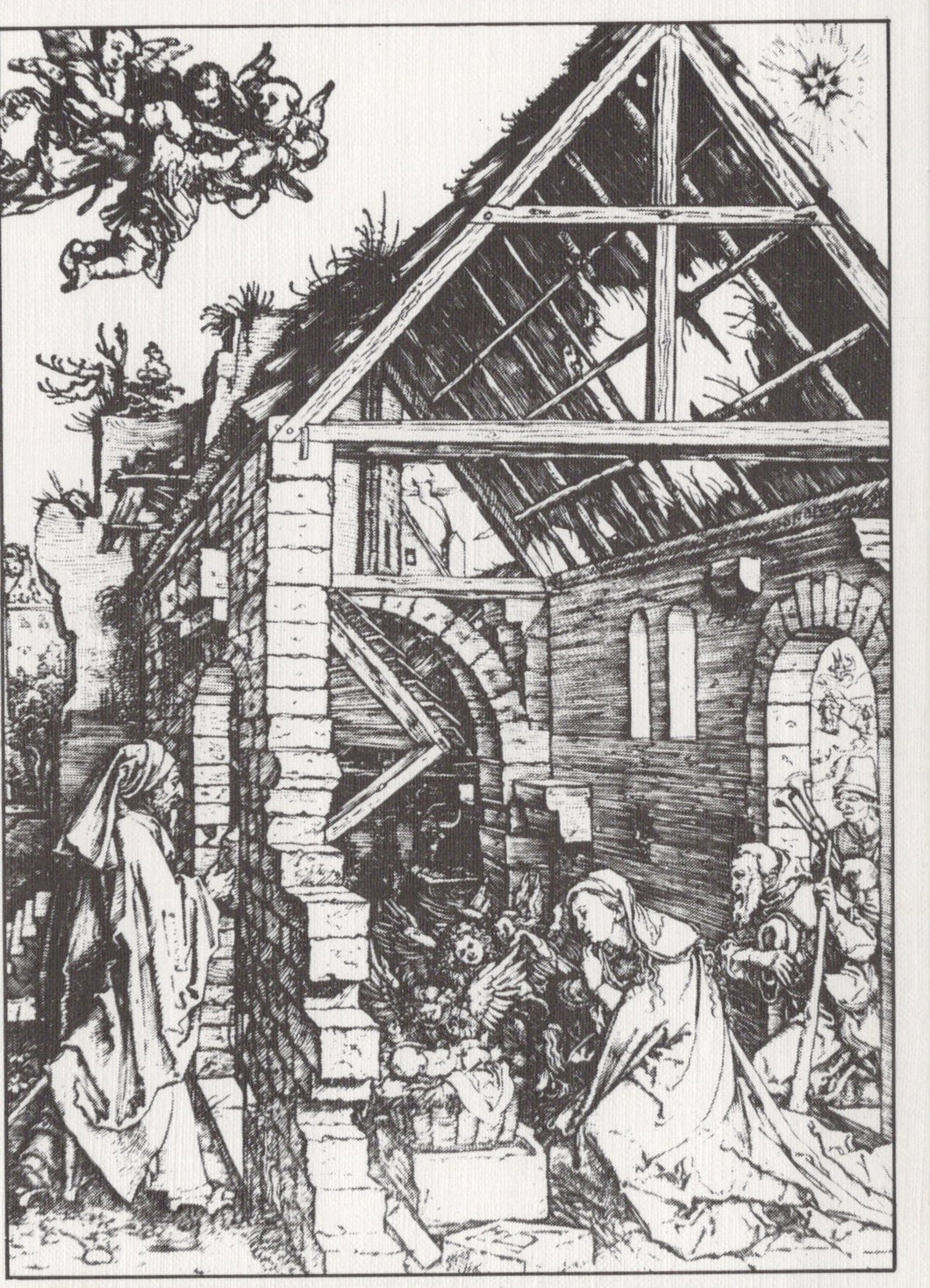 Black and white illustration of a rustic building with people and a tree branch.