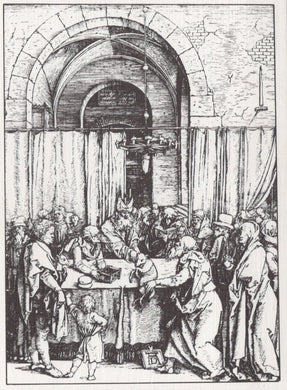 Engraving of a group of people gathered around a table in a room with stone walls and arched doorways.