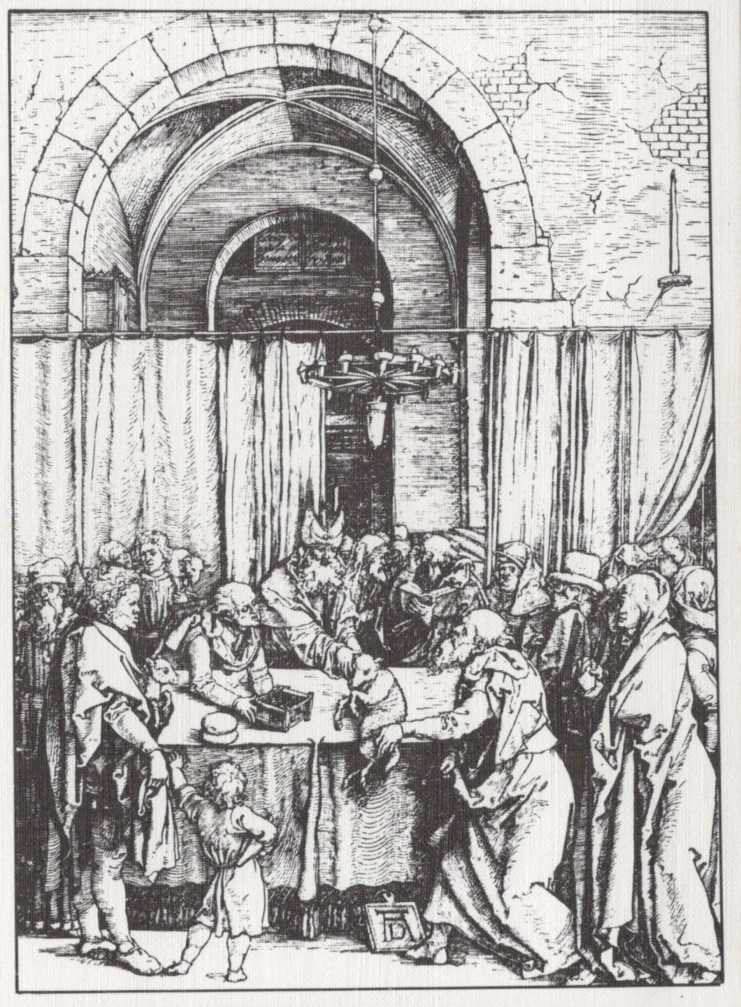 Engraving of a group of people gathered around a table in a room with stone walls and arched doorways.