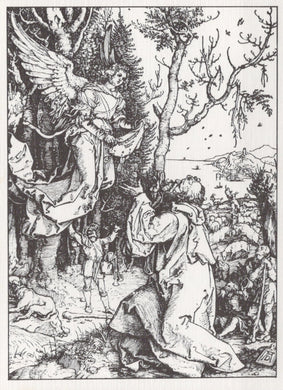 Black and white illustration of an angel and a person in a landscape