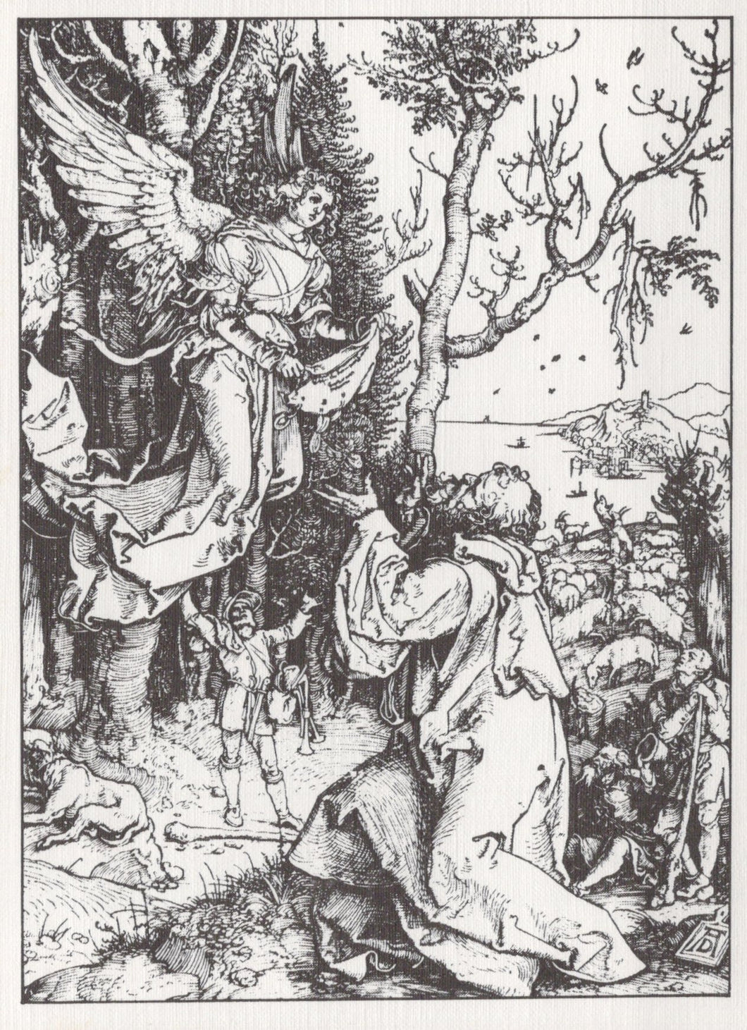 Black and white illustration of an angel and a person in a landscape