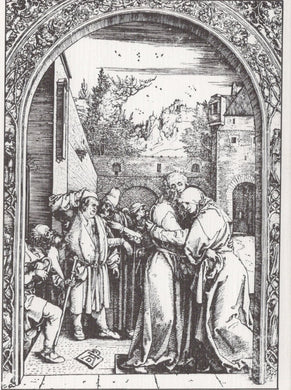 Black and white engraving of a historical scene with people and architecture.