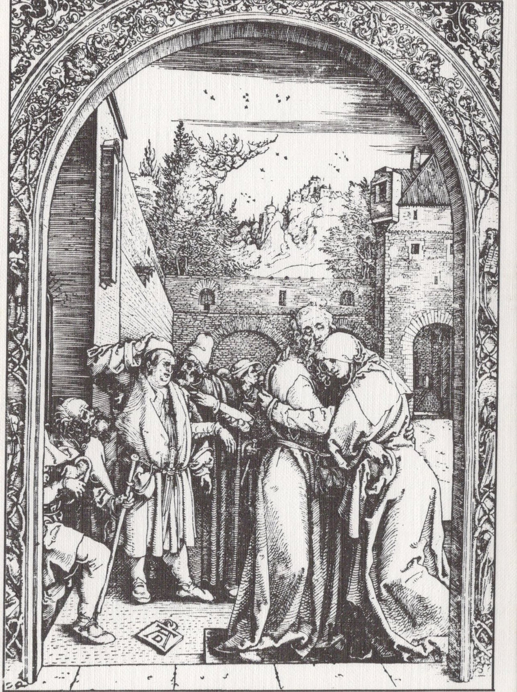 Black and white engraving of a historical scene with people and architecture.