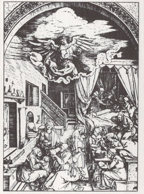 Black and white illustration of a religious scene with an angel and people in a room.