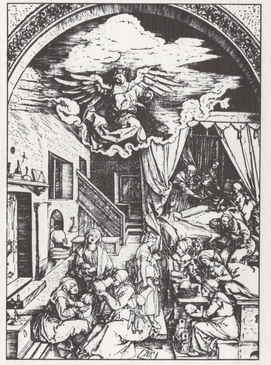 Black and white illustration of a religious scene with an angel and people in a room.