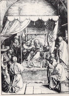 Black and white line drawing of a religious scene with figures around a central figure on a throne.