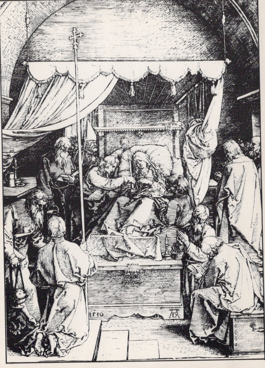 Black and white line drawing of a religious scene with figures around a central figure on a throne.