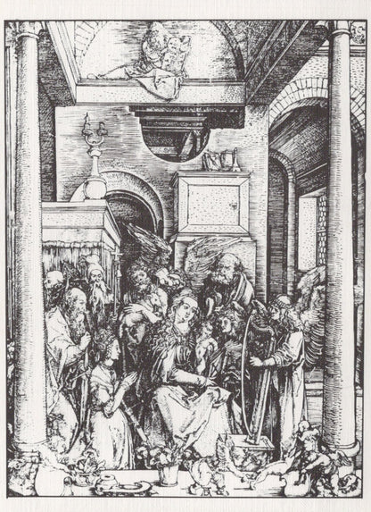 Black and white line drawing of a religious scene with figures in a architectural setting