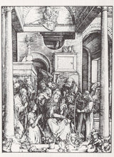 Load image into Gallery viewer, Black and white line drawing of a religious scene with figures in a architectural setting
