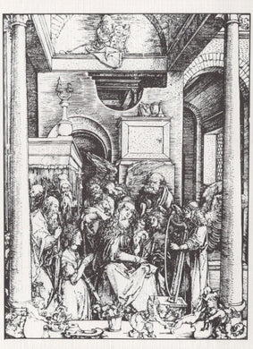 Black and white line drawing of a religious scene with figures in a architectural setting