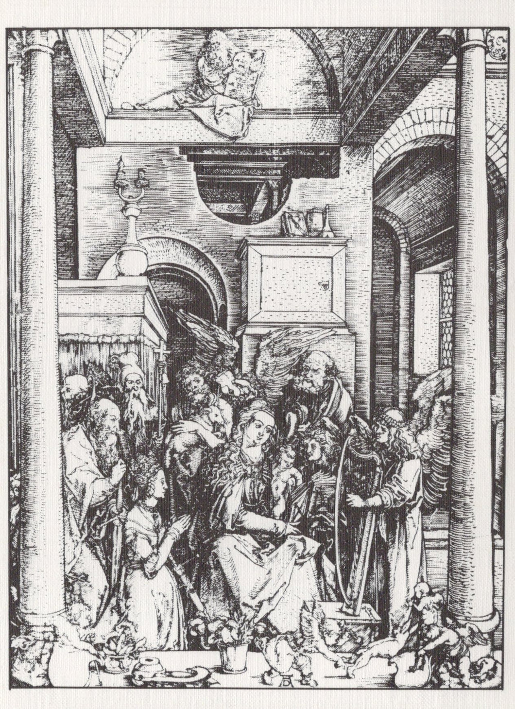 Black and white line drawing of a religious scene with figures in a architectural setting
