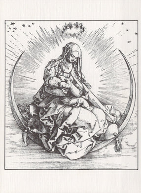 Black and white illustration of a classical sculpture with a halo and stars.
