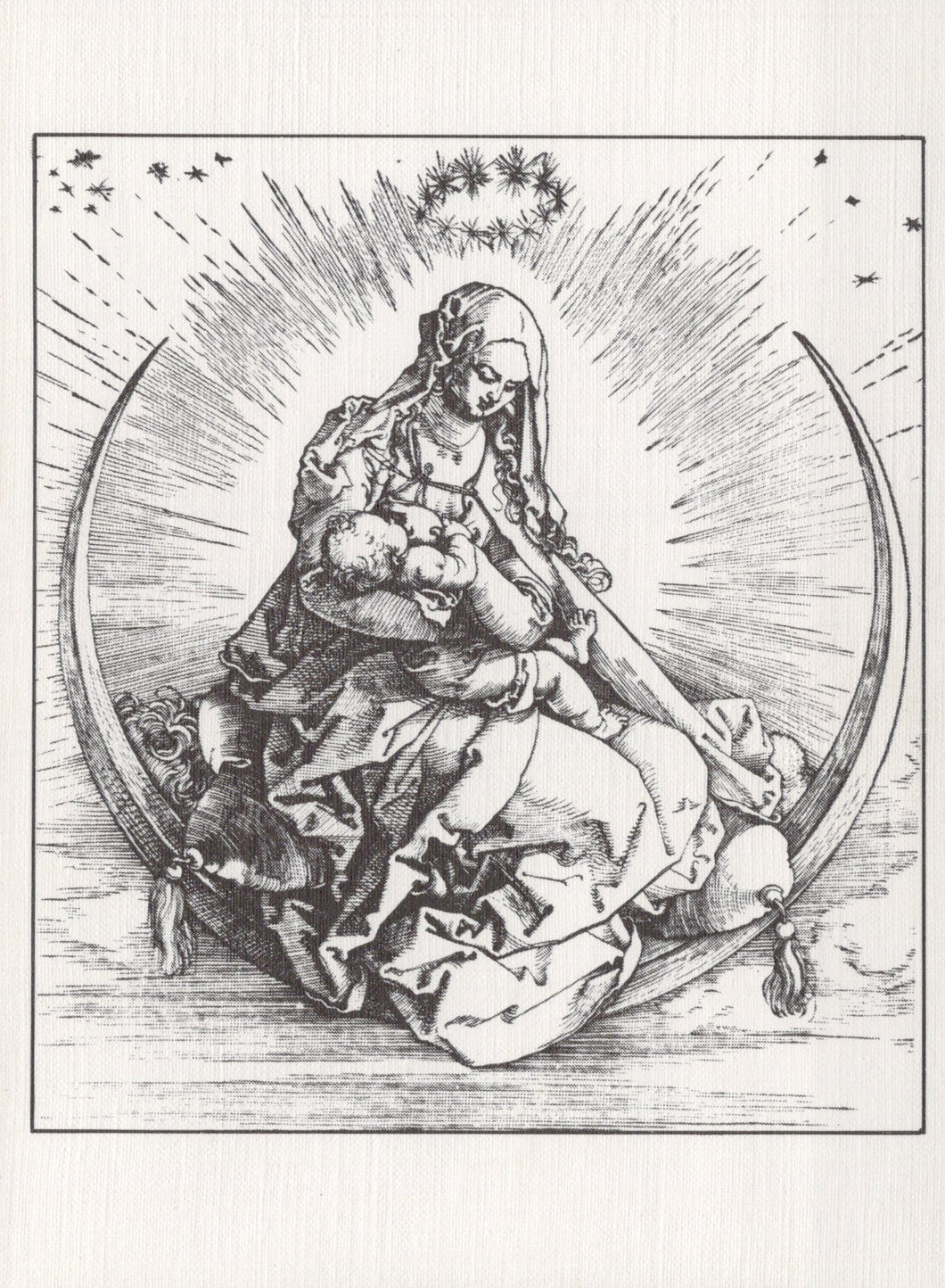 Black and white illustration of a classical sculpture with a halo and stars.