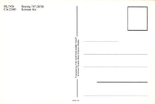 Load image into Gallery viewer, Back of a Korean Air Boeing 747 2B5B airplane model with text and a blank space for writing.
