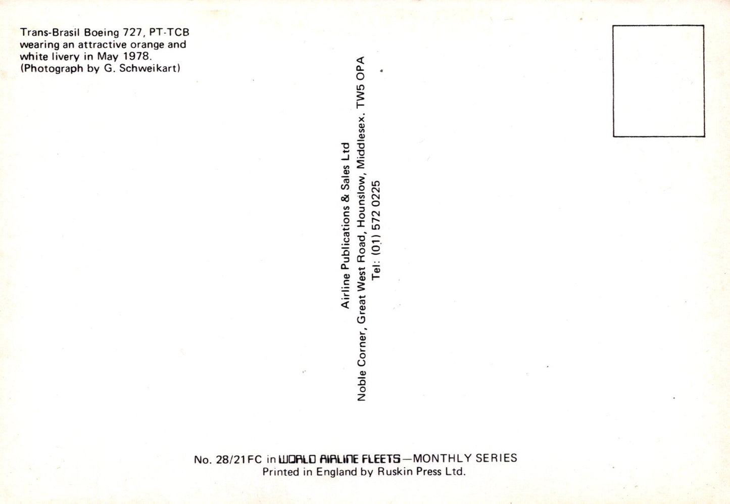 Back of a postcard with text about Trans-Brasil Boeing 727 PT.TCB aircraft, featuring an orange and white livery.