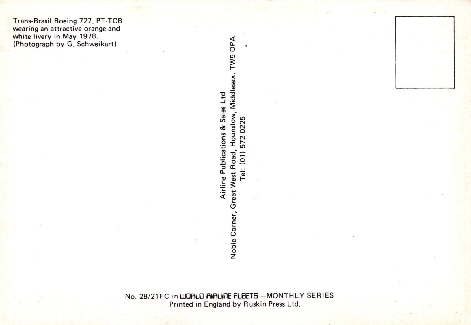 Back of a postcard with text about Trans-Brasil Boeing 727 PT.TCB aircraft, featuring an orange and white livery.