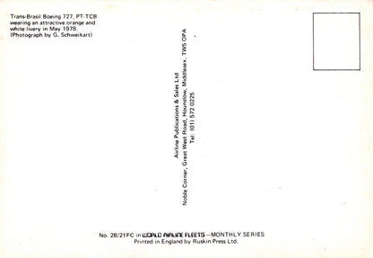 Back of a postcard with text about Trans-Brasil Boeing 727 PT.TCB aircraft, featuring an orange and white livery.