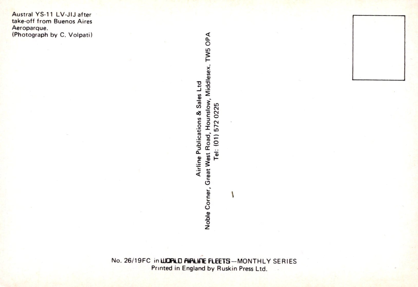 Back of a postcard with text and a small square on a white background