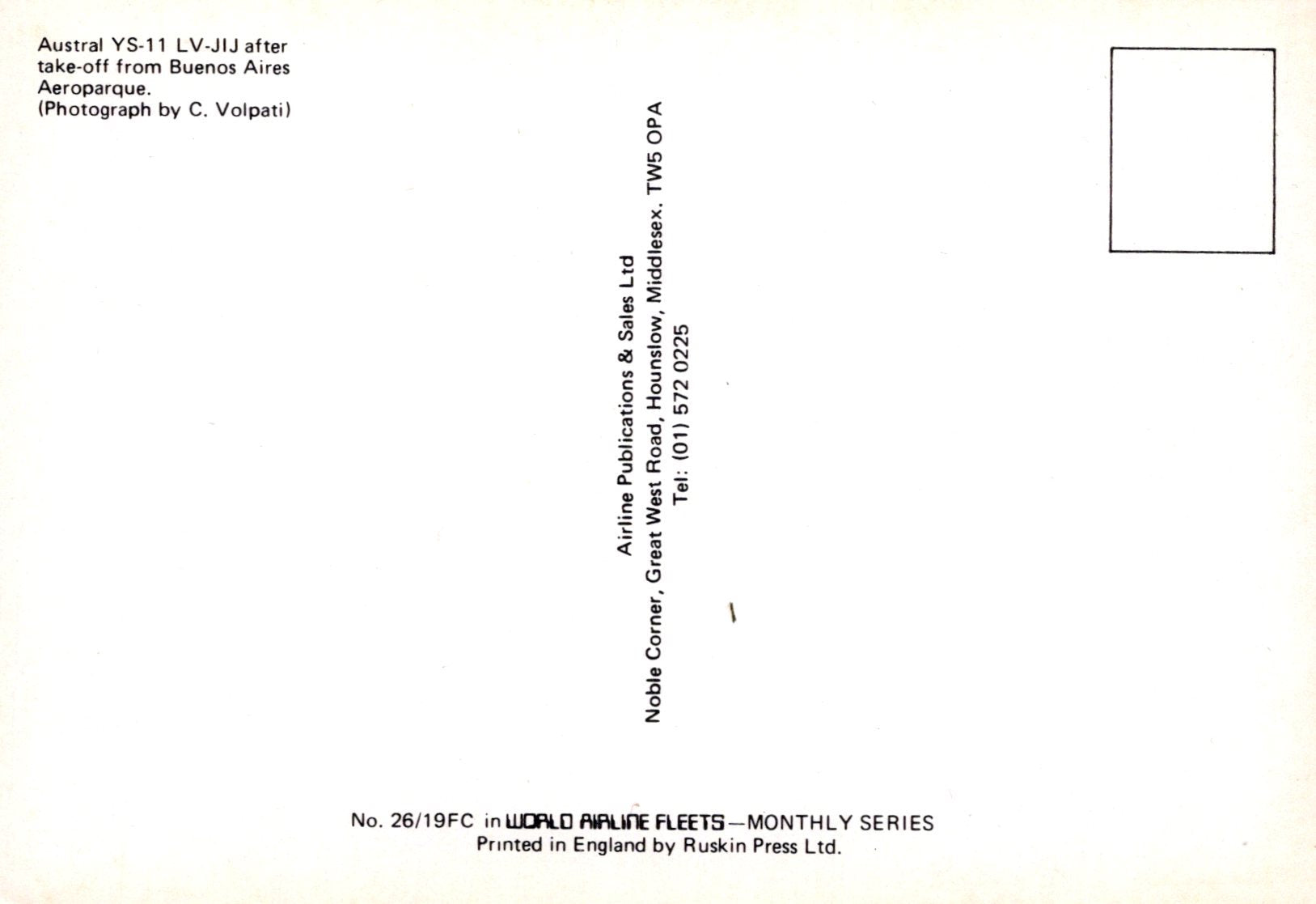 Back of a postcard with text and a small square on a white background